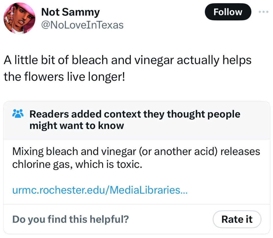 screenshot - Not Sammy A little bit of bleach and vinegar actually helps the flowers live longer! Readers added context they thought people might want to know Mixing bleach and vinegar or another acid releases chlorine gas, which is toxic. urmc.rochester.